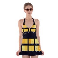Horizontal Color Scheme Plaid Black Yellow Halter Swimsuit Dress by Mariart