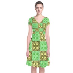 Clipart Aztec Green Yellow Short Sleeve Front Wrap Dress