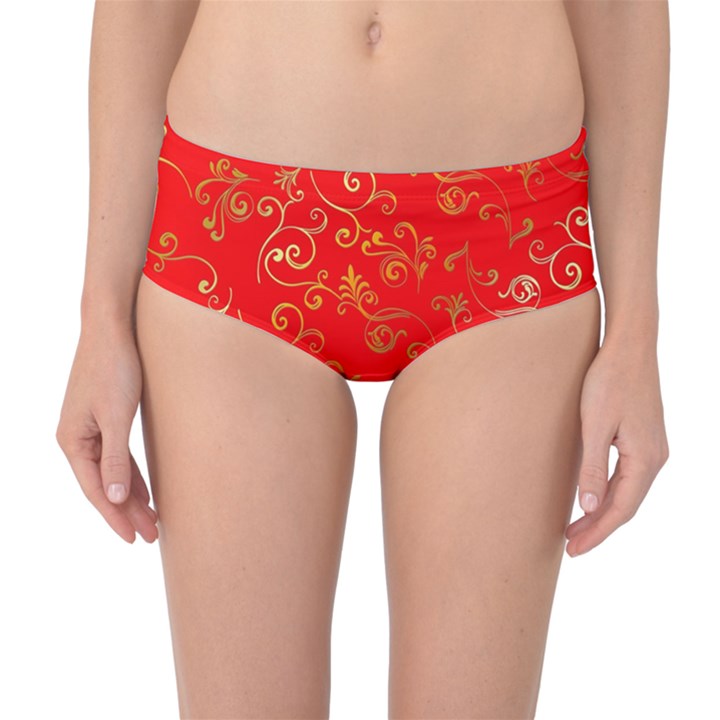 Golden Swrils Pattern Background Mid-Waist Bikini Bottoms
