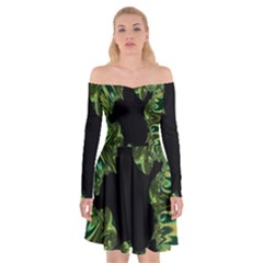 Burning Ship Fractal Silver Green Hole Black Off Shoulder Skater Dress by Mariart