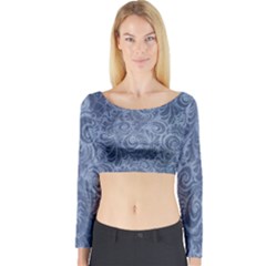 Blue Romantic Flower Pattern Denim Long Sleeve Crop Top by Ivana