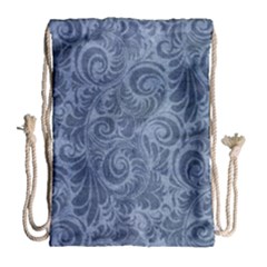 Blue Romantic Flower Pattern Denim Drawstring Bag (large)