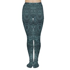 Teal Romantic Flower Pattern Denim Women s Tights by Ivana