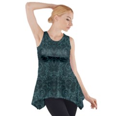 Teal Romantic Flower Pattern Denim Side Drop Tank Tunic by Ivana