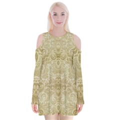 Gold Romantic Flower Pattern Velvet Long Sleeve Shoulder Cutout Dress by Ivana