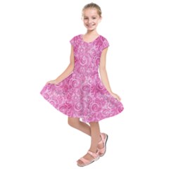 Pink Romantic Flower Pattern Denim Kids  Short Sleeve Dress by Ivana