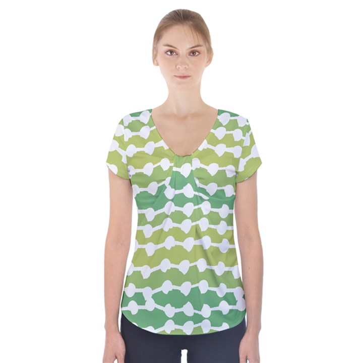 Polkadot Polka Circle Round Line Wave Chevron Waves Green White Short Sleeve Front Detail Top