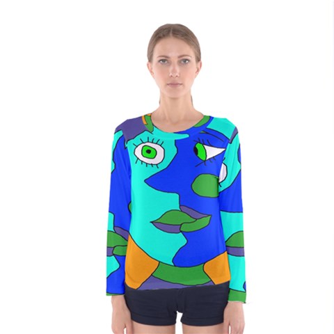 Visual Face Blue Orange Green Mask Women s Long Sleeve Tee by Mariart