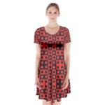 Abstract Background Red Black Short Sleeve V-neck Flare Dress