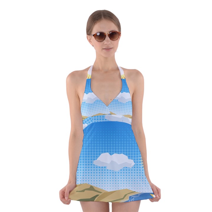 Grid Sky Course Texture Sun Halter Swimsuit Dress