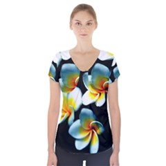 Flowers Black White Bunch Floral Short Sleeve Front Detail Top