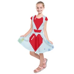 Red Heart Love Plaid Red Blue Kids  Short Sleeve Dress by Mariart