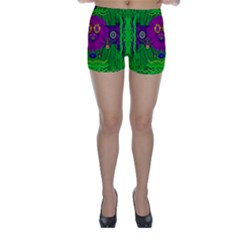 Summer Flower Girl With Pandas Dancing In The Green Skinny Shorts by pepitasart