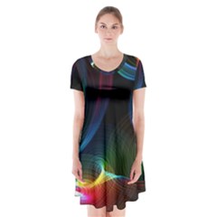Abstract Rainbow Twirls Short Sleeve V-neck Flare Dress