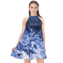 Blue Waves Abstract Art Halter Neckline Chiffon Dress 