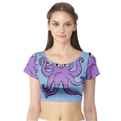 Colorful Cartoon Octopuses Pattern Fear Animals Sea Purple Short Sleeve Crop Top (tight Fit) by Mariart