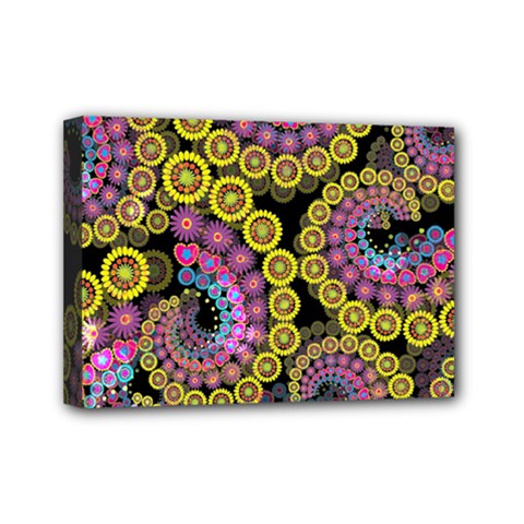 Spiral Floral Fractal Flower Star Sunflower Purple Yellow Mini Canvas 7  X 5  by Mariart