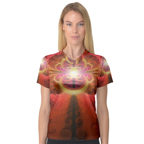 Liquid Sunset, A Beautiful Fractal Burst Of Fiery Colors Women s V-neck Sport Mesh Tee by jayaprime