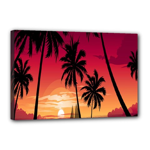 Nature Palm Trees Beach Sea Boat Sun Font Sunset Fabric Canvas 18  X 12  by Mariart