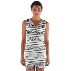 Black White Decorative Ornaments Wrap Front Bodycon Dress by Mariart