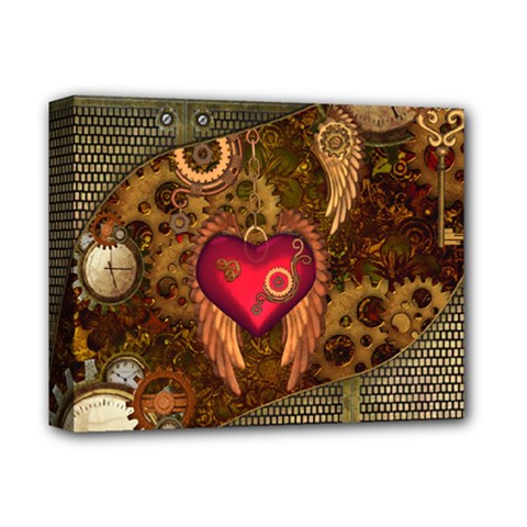 Steampunk Golden Design, Heart With Wings, Clocks And Gears Deluxe Canvas 14  X 11  by FantasyWorld7