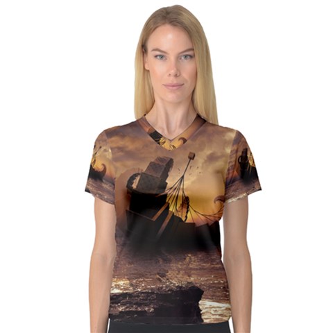 Steampunk Fractalscape, A Ship For All Destinations Women s V-neck Sport Mesh Tee by jayaprime