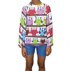 Funny Owls Sitting On A Branch Pattern Postcard Rainbow Kids  Long Sleeve Swimwear by Mariart