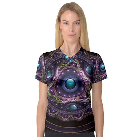 Beautiful Turquoise And Amethyst Fractal Jewelry Women s V-neck Sport Mesh Tee by jayaprime