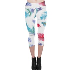 Watercolor Feather Background Capri Leggings  by LimeGreenFlamingo