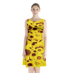 Beautiful Sunflowers Sleeveless Waist Tie Chiffon Dress