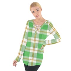 Abstract Green Plaid Women s Tie Up Tee