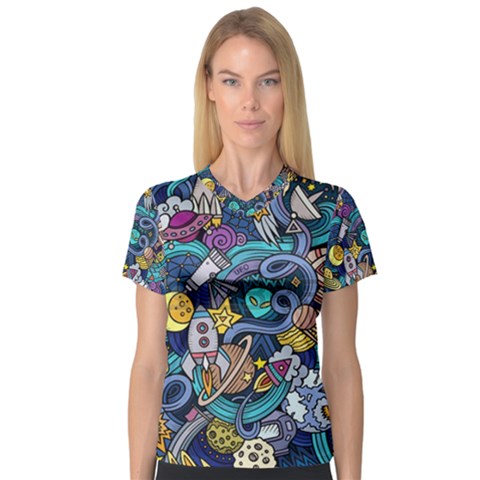 Cartoon Hand Drawn Doodles On The Subject Of Space Style Theme Seamless Pattern Vector Background Women s V-neck Sport Mesh Tee by BangZart