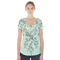 Illustration Of Butterflies And Flowers Ornament On Green Background Short Sleeve Front Detail Top by BangZart