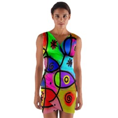 Digitally Painted Colourful Abstract Whimsical Shape Pattern Wrap Front Bodycon Dress