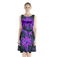 Beautiful Ultraviolet Lilac Orchid Fractal Flowers Sleeveless Waist Tie Chiffon Dress by jayaprime