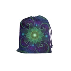 Glowing Blue-green Fractal Lotus Lily Pad Pond Drawstring Pouches (medium)  by jayaprime