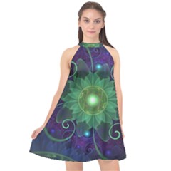 Glowing Blue-green Fractal Lotus Lily Pad Pond Halter Neckline Chiffon Dress  by jayaprime