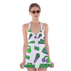 Green Music Pattern Halter Swimsuit Dress by TheLimeGreenFlamingo