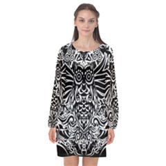 Tattoo Tribal Owl Long Sleeve Chiffon Shift Dress  by Valentinaart