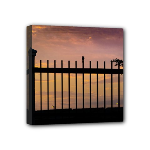 Small Bird Over Fence Backlight Sunset Scene Mini Canvas 4  X 4  by dflcprints