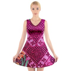 Pink Batik Cloth Fabric V-neck Sleeveless Skater Dress