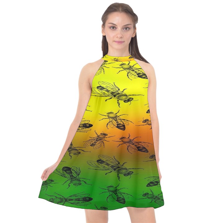 Insect Pattern Halter Neckline Chiffon Dress 