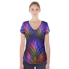 Colored Rays Symmetry Feather Art Short Sleeve Front Detail Top by BangZart