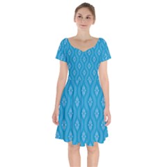 Blue Ornamental Pattern Short Sleeve Bardot Dress