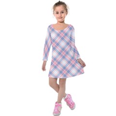 Pastel Pink And Blue Plaid Kids  Long Sleeve Velvet Dress by NorthernWhimsy