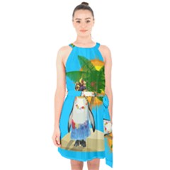 Tropical Penguin Halter Collar Waist Tie Chiffon Dress by Valentinaart