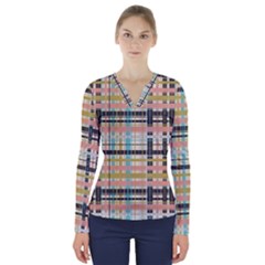 Plaid Pattern V-neck Long Sleeve Top by linceazul