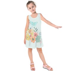 Watercolor Floral Blue Cute Butterfly Illustration Kids  Sleeveless Dress by paulaoliveiradesign