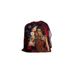 Steampunk, Beautiful Steampunk Lady With Clocks And Gears Drawstring Pouches (xs)  by FantasyWorld7