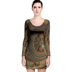 Steampunk, Awesoeme Clock, Rusty Metal Long Sleeve Velvet Bodycon Dress by FantasyWorld7